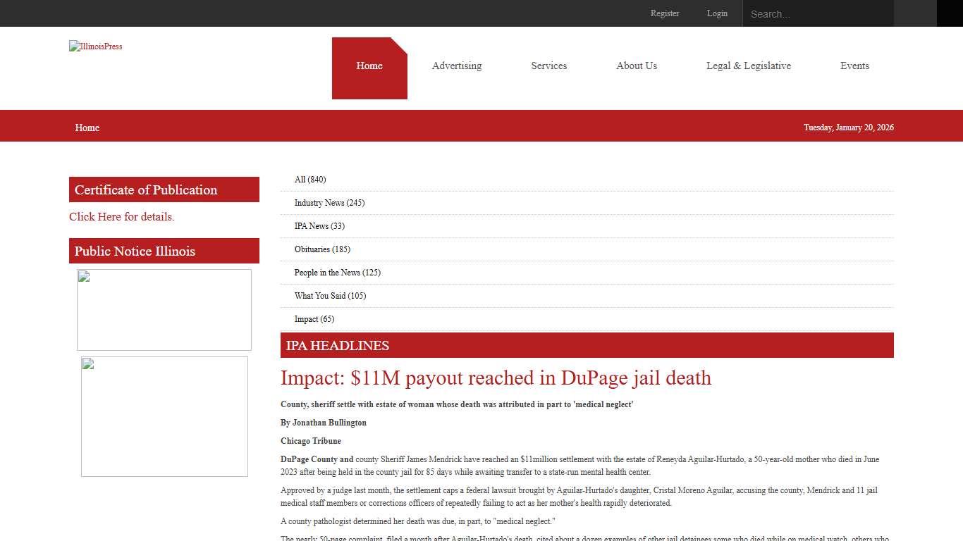 Impact: $11M payout reached in DuPage jail death - IllinoisPress > Home